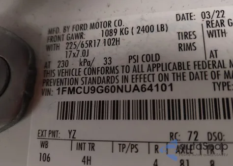 2022 Ford Escape Se из США, поврежденный, VIN 1FMCU9G60NUA64101